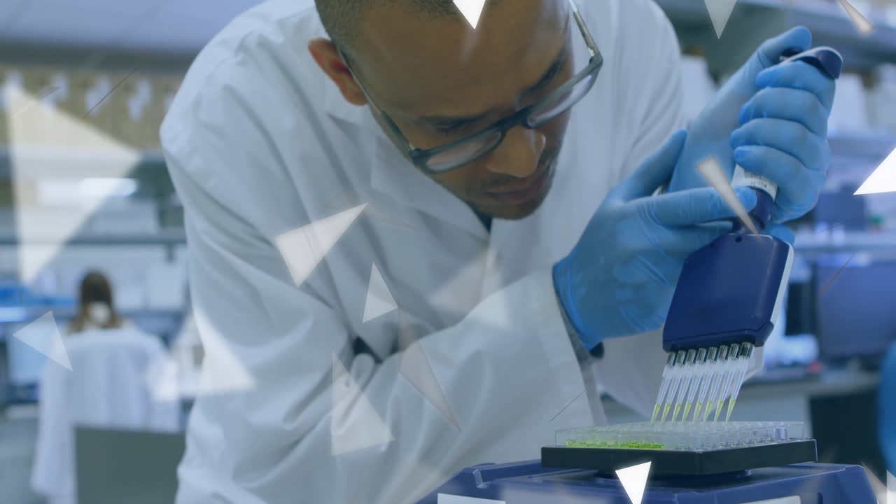 Scientist in lab coat using pipette with geometric shapes animation overlay