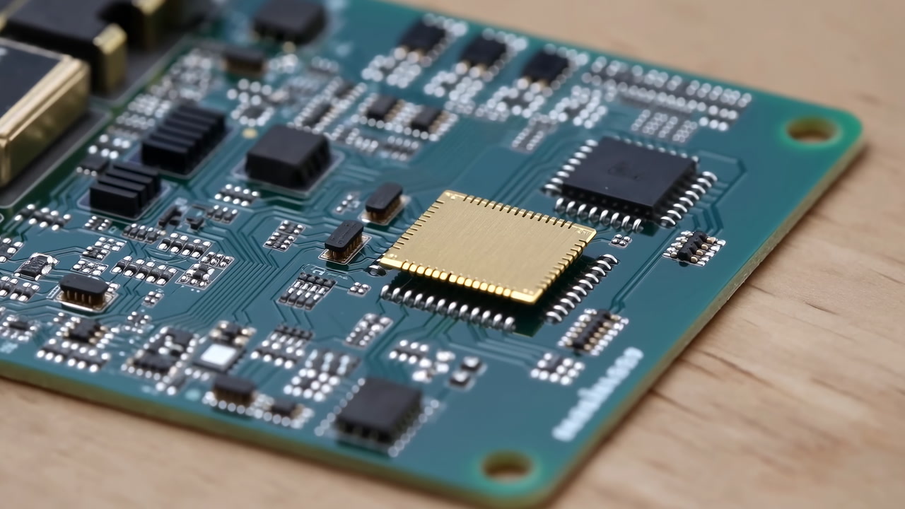 Closeup Green Circuit Board Microchip Shining Gold On Wooden Workbench Series Of Macro Shots Reveal Surface