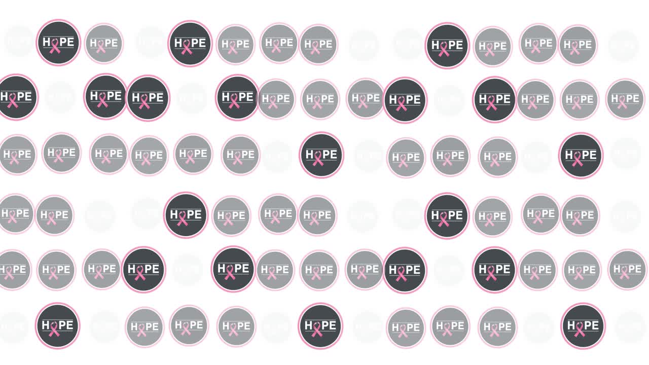 ⁇ 색 배경에 빛나는 여러 개의 분홍색 리본 로고와 희망 텍스트의 애니메이션