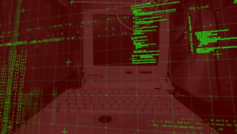 Animation-of-grid-pattern-and-moving-programming-language-against-retro-computer-in-background