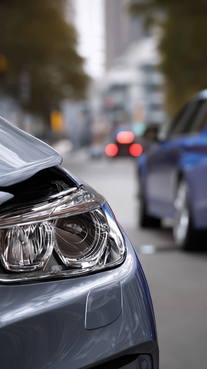Primo Piano Accattivante di un'Elegante Auto Grigia con Dettaglio del Faro Che Sfuma in una Scena Sfuocata di Strada Cittadina Perfetto per gli Appassionati di Automobili