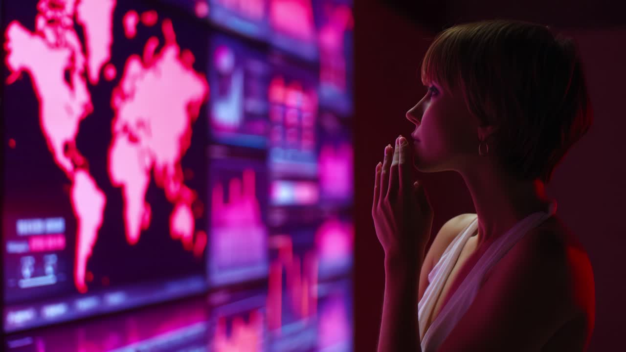 A Deep Reflection on Digital Data: A Pensive Individual Absorbing Insights from Vibrant, Interactive Screens Displaying Global Information Trends and Analytics