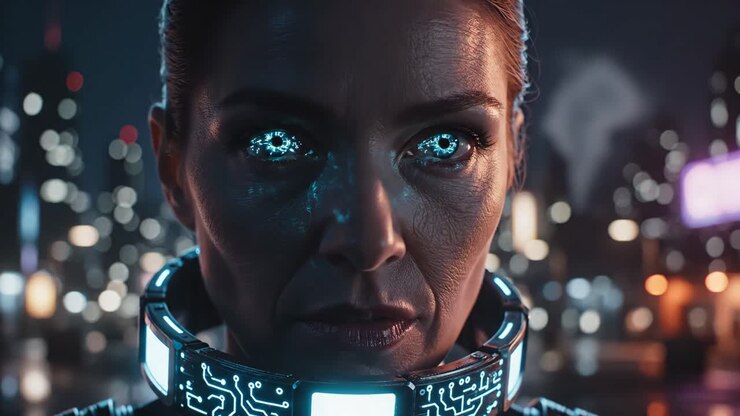 Donna cyberpunk con potenziamento digitale