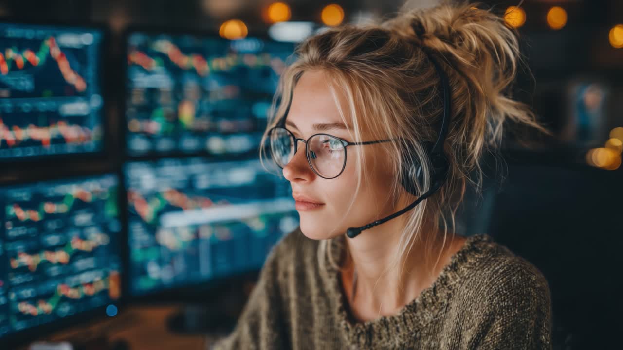 A focused young woman with glasses and a headset assesses complex financial data on multiple screens, embodying concentration and dedication in a modern workspace