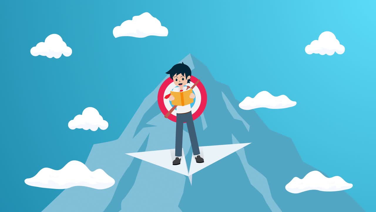 사업 계획을 들고 종이 비행기에 서서 전면으로 볼 수 있는 4k 루프 애니메이션을 계획하고, 배우고, 중요한 목표를 잡으십시오.