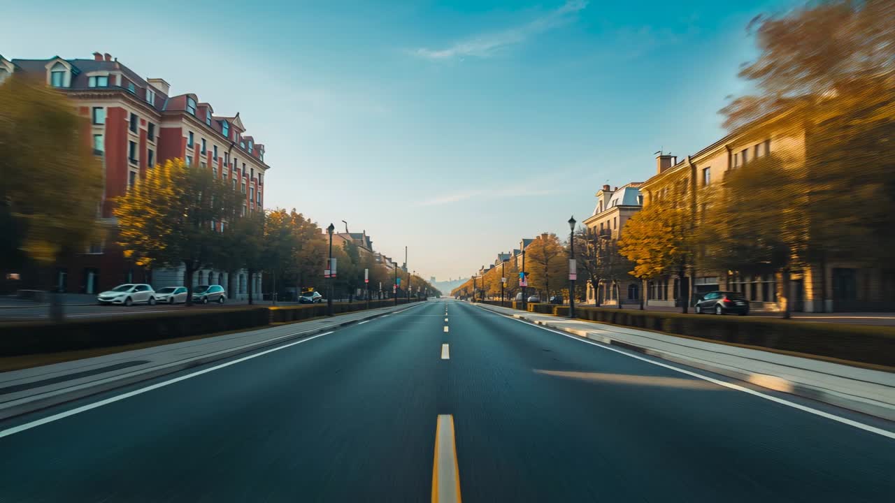 Beginnende Kamerafahrt vorwärts einen Stadtboulevard entlang, um eine markierte Mittellinie und Herbstbäume zu zeigen.