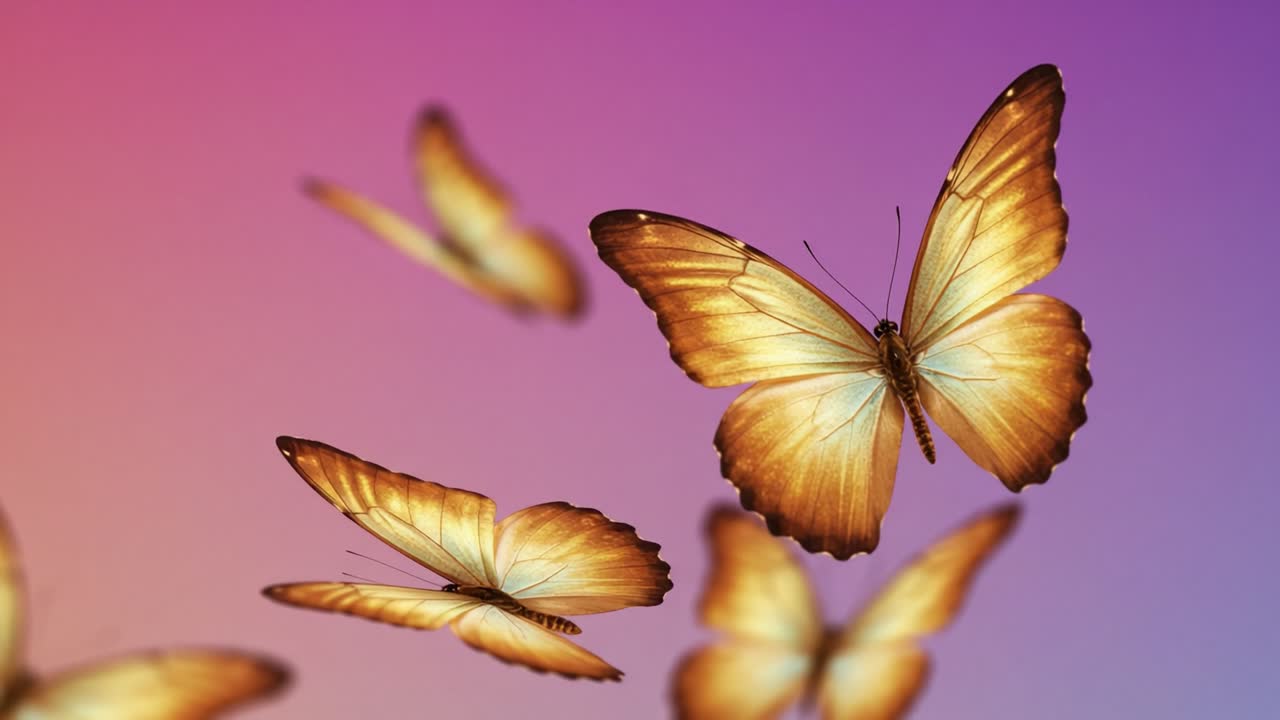 A Stunning Display of Colorful Butterflies in Flight Against a Gradient Background, Showcasing Their Delicate Wings and Graceful Movement in Nature's Beautiful Palette