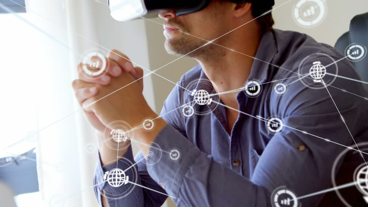 vr 헤드 ⁇ 을 착용한 사람 위에 아이콘으로 연결된 네트워크의 애니메이션