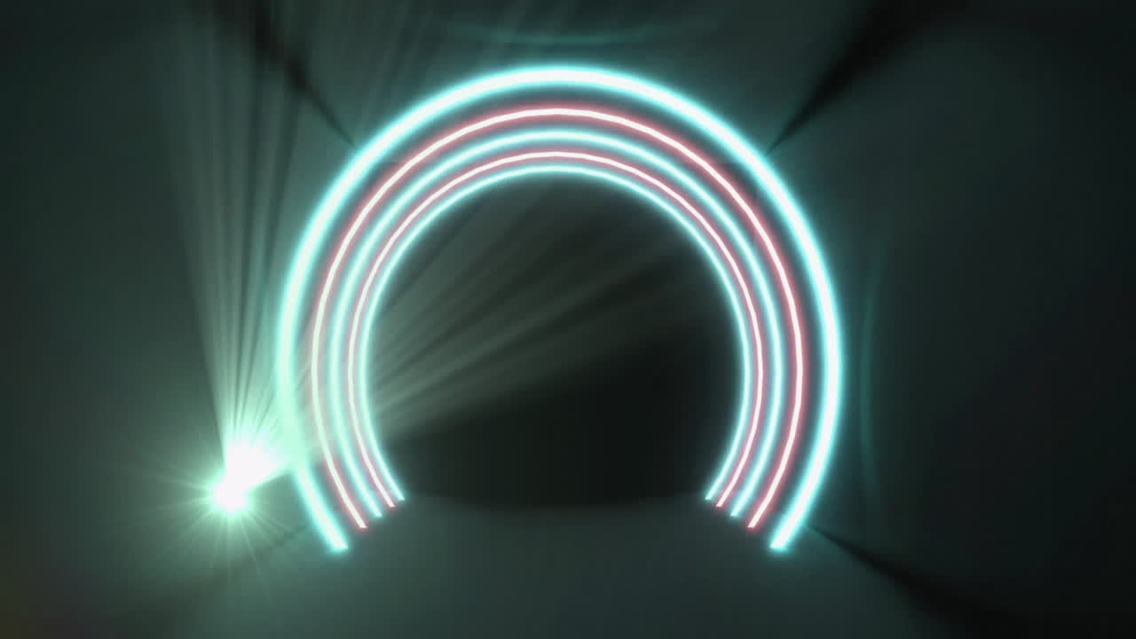 Creating futuristic tunnel effect, glowing neon arches with light beams in animation