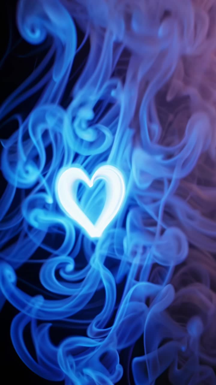 Un cuore luminoso tra vortici di fumo blu e viola, catturato da una angolazione bassa