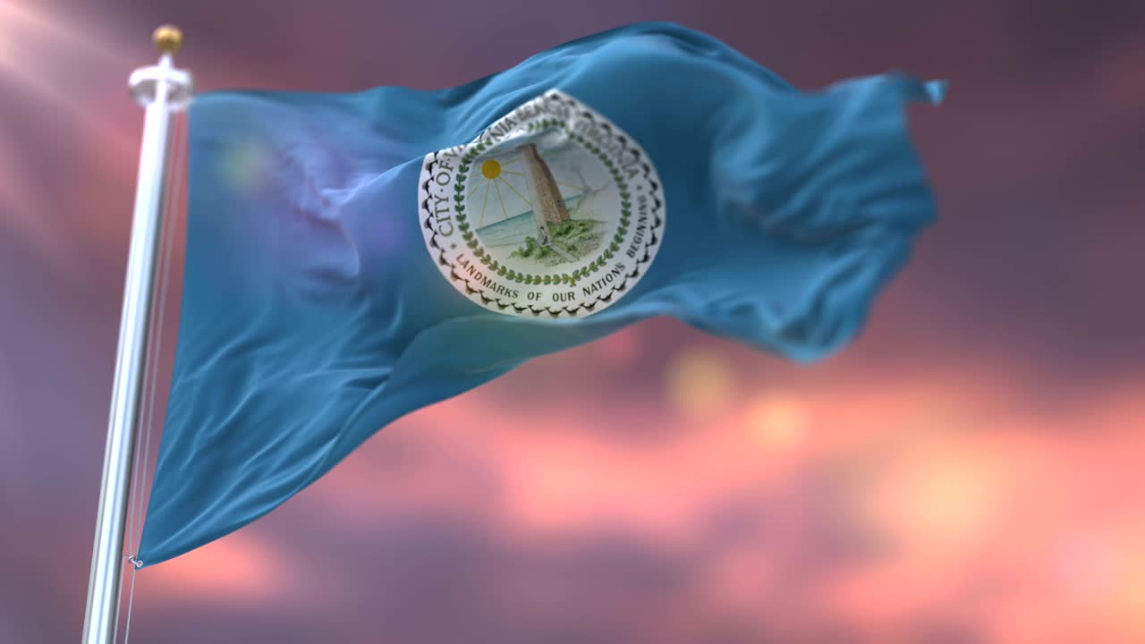 bandera de virginia beach al atardecer, ciudad de los estados unidos de américa - bucle