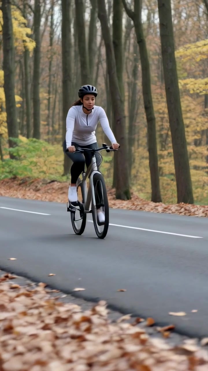 Video verticale: Telecamera che si allontana mostrando una donna con casco che va in bicicletta, si avvicina e passa su una strada alberata.