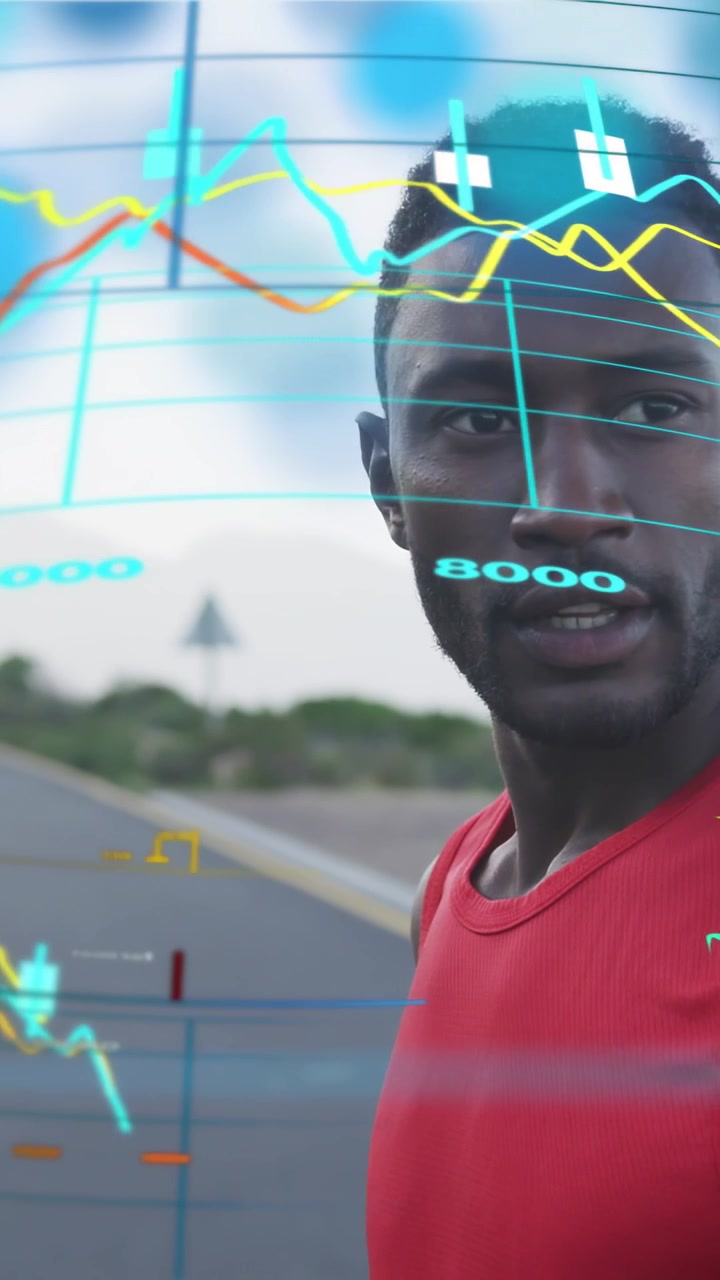Vertical video: Man running road glancing down checking health metrics HUD charts rising to 9k