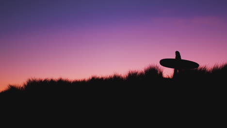 silhouette of female surfer carrying surfboard across dunes against setting sun