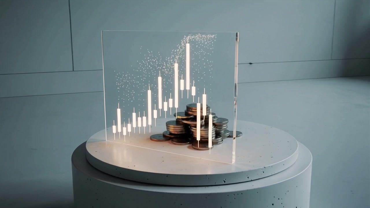 Panning camera showing coin display on base with turning panel, to show coins and candlestick chart