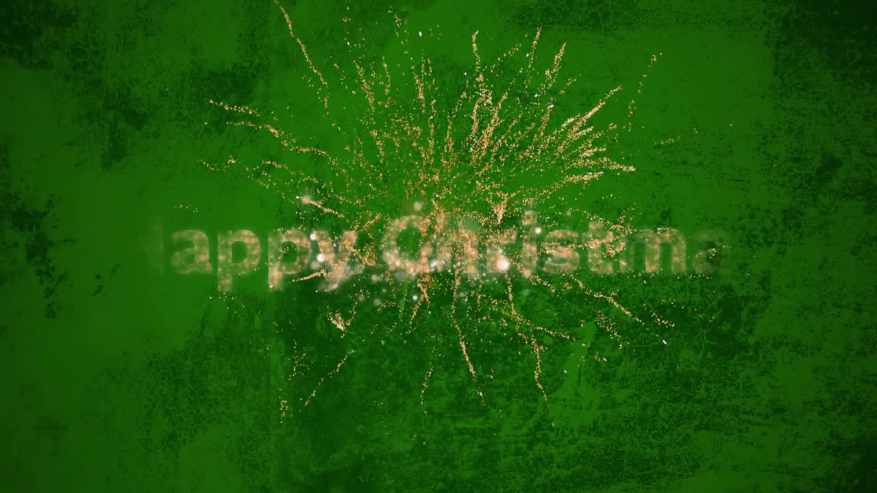 Green canvas filling unleashing sparks bursting fireworks, forming Happy Christmas text shimmering