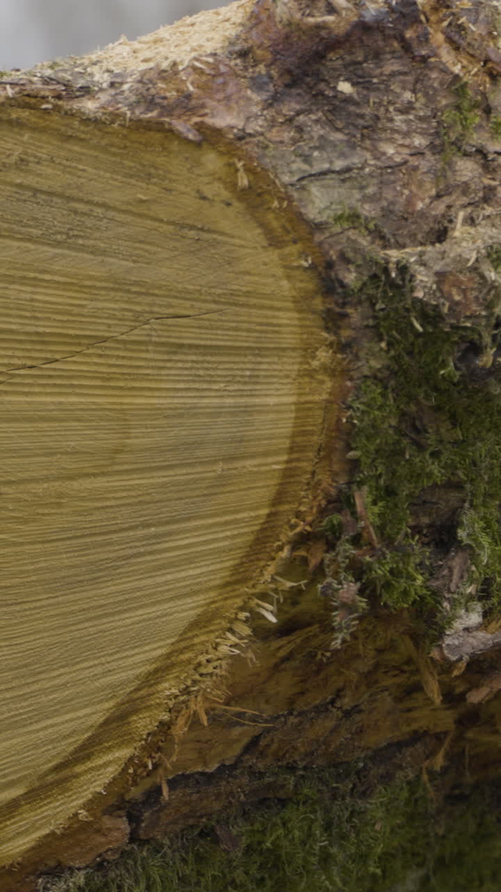Una ripresa verticale dettagliata di un tronco d'albero appena tagliato che mostra la texture delle venature del legno e muschio verde vibrante. Ideale per contenuti su silvicoltura, natura e lavorazione del legno.