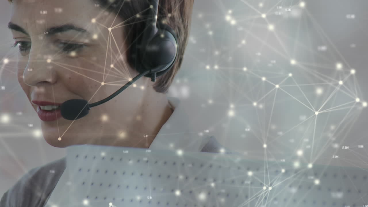 Animation of networks of connections over businesswoman wearing phone headset