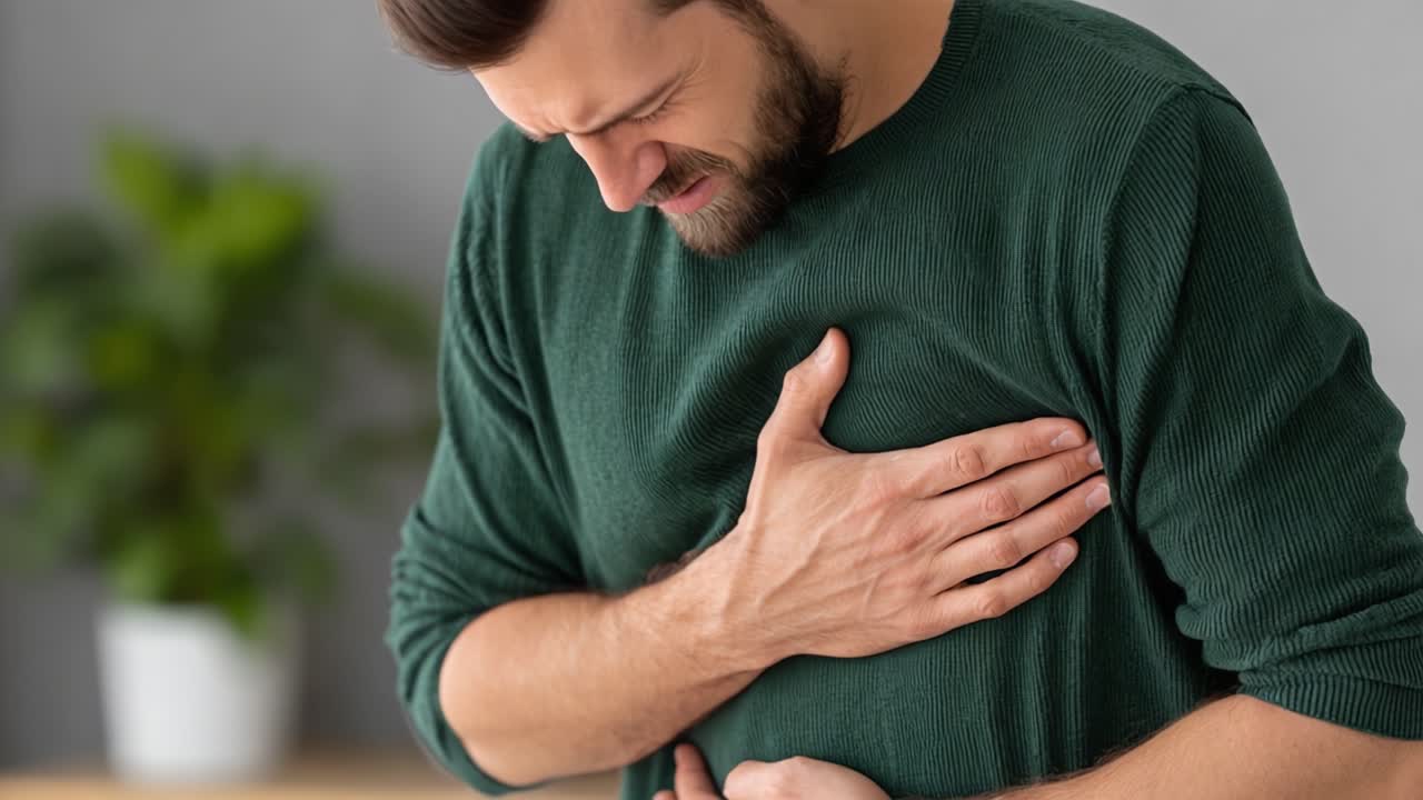 A man experiencing discomfort, gripping his chest in distress while standing indoors, possibly indicating a health concern or episode of pain during a thoughtful moment