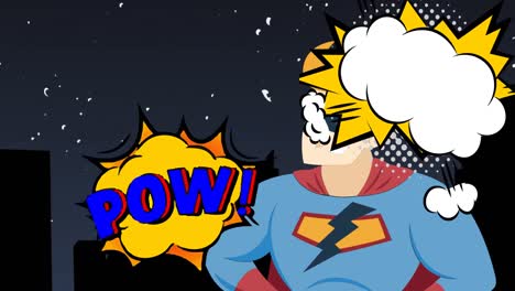 animation of retro speech bubbles with superhero flying over cityscape at night