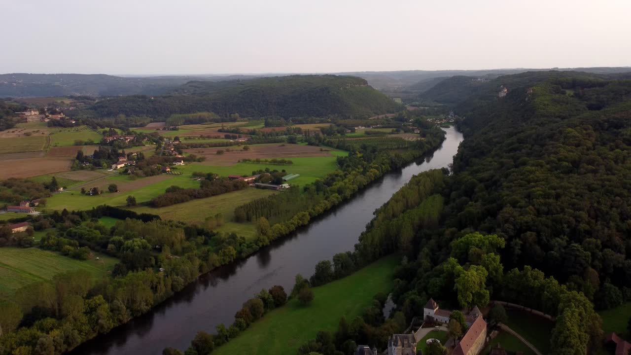 Aerial view of Dordogne river Old medieval stone village of Beynac-et-Cazenac