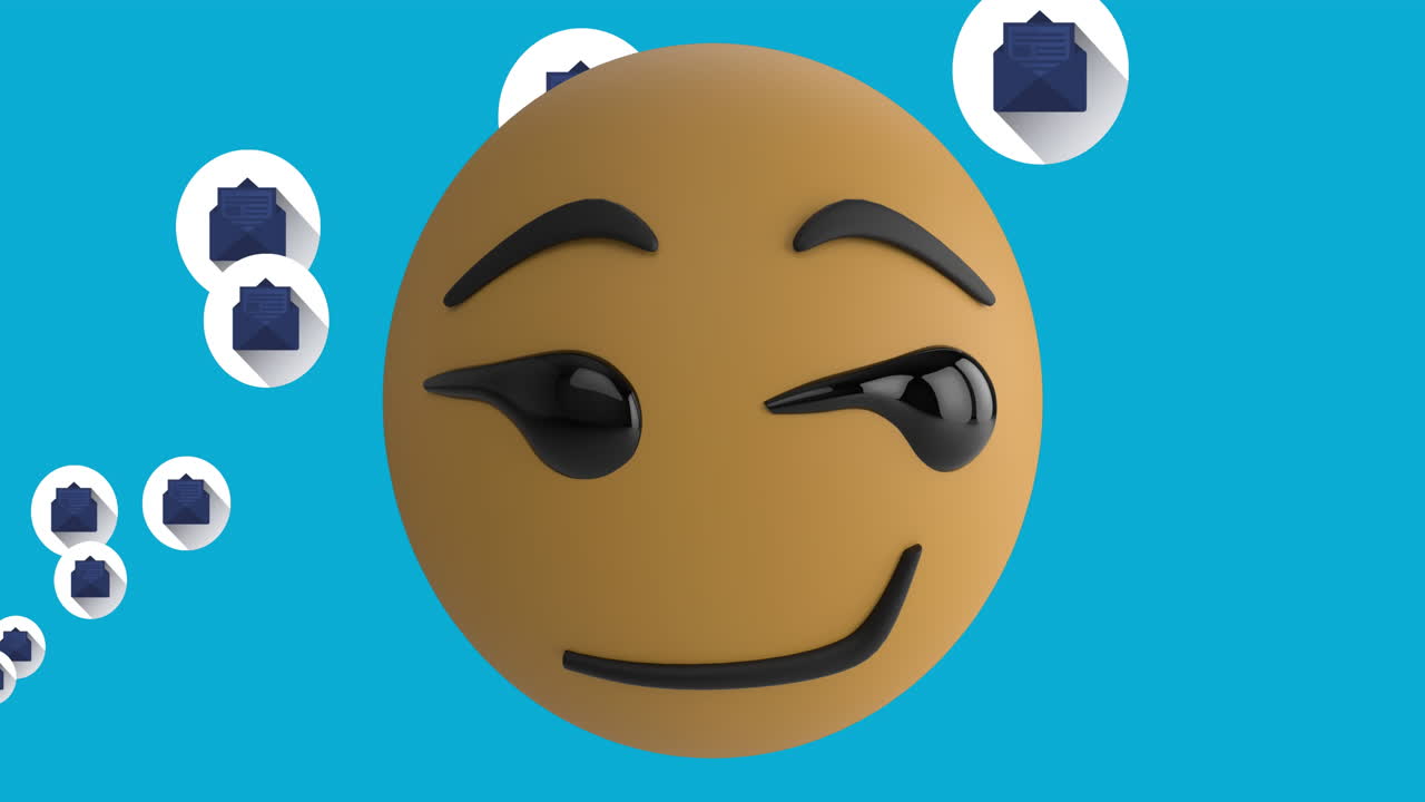 Animation of smiling emoji icon with email icons on blue background