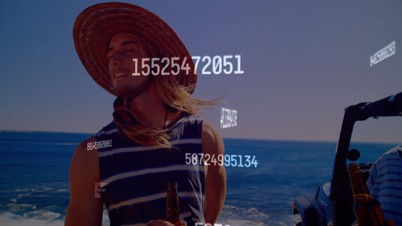 Young man in striped shirt enjoying beach with floating numbers animation