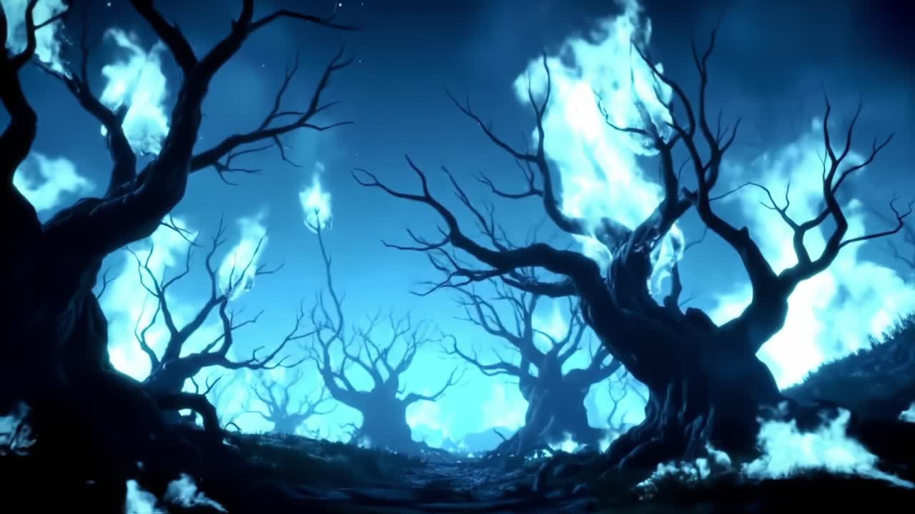Spöklik förtrollad skog med brinnande träd upplysta av eteriska blå lågor i en mystisk atmosfär av skuggor och ljus