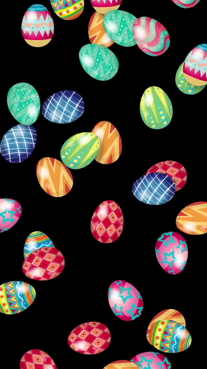 Vibrant decorated Easter eggs fall vertically through the frame against a dark black background.