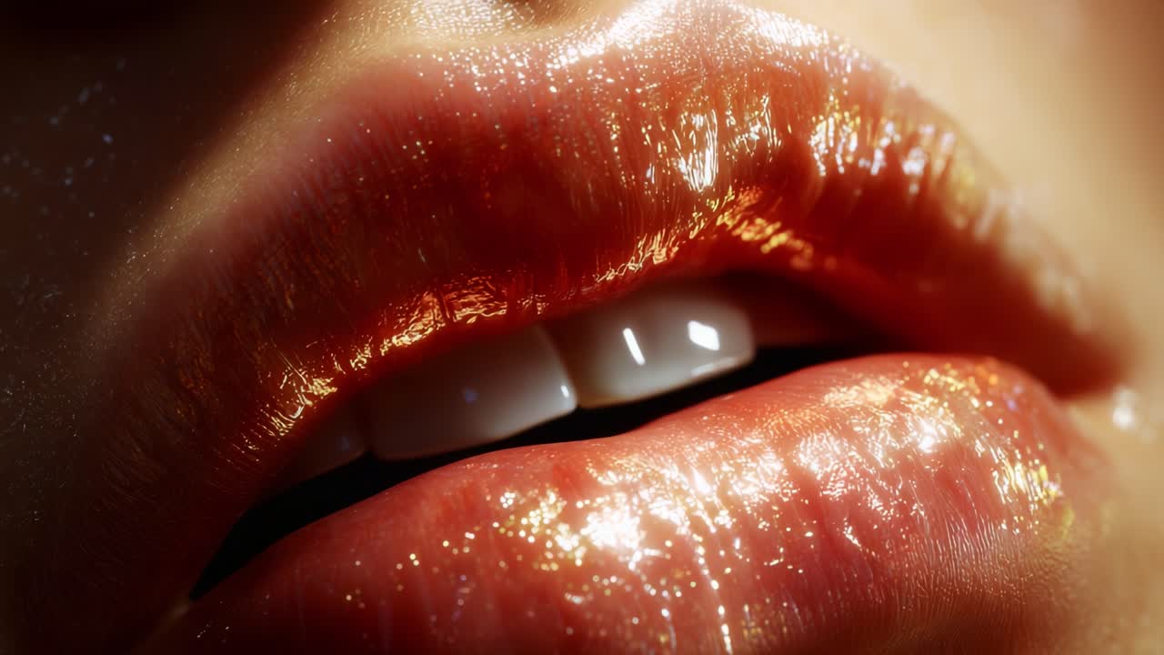 Close-up of Glossy Lips with Subtle Sparkle, Capturing the Reflection and Shine of a Moisturizing Lip Gloss, Showcasing a Vibrant and Alluring Aesthetic for Beauty Enthusiasts