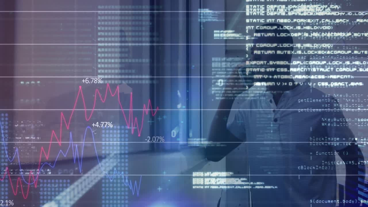 Animation of data processing over african american businessman talking on smartphone