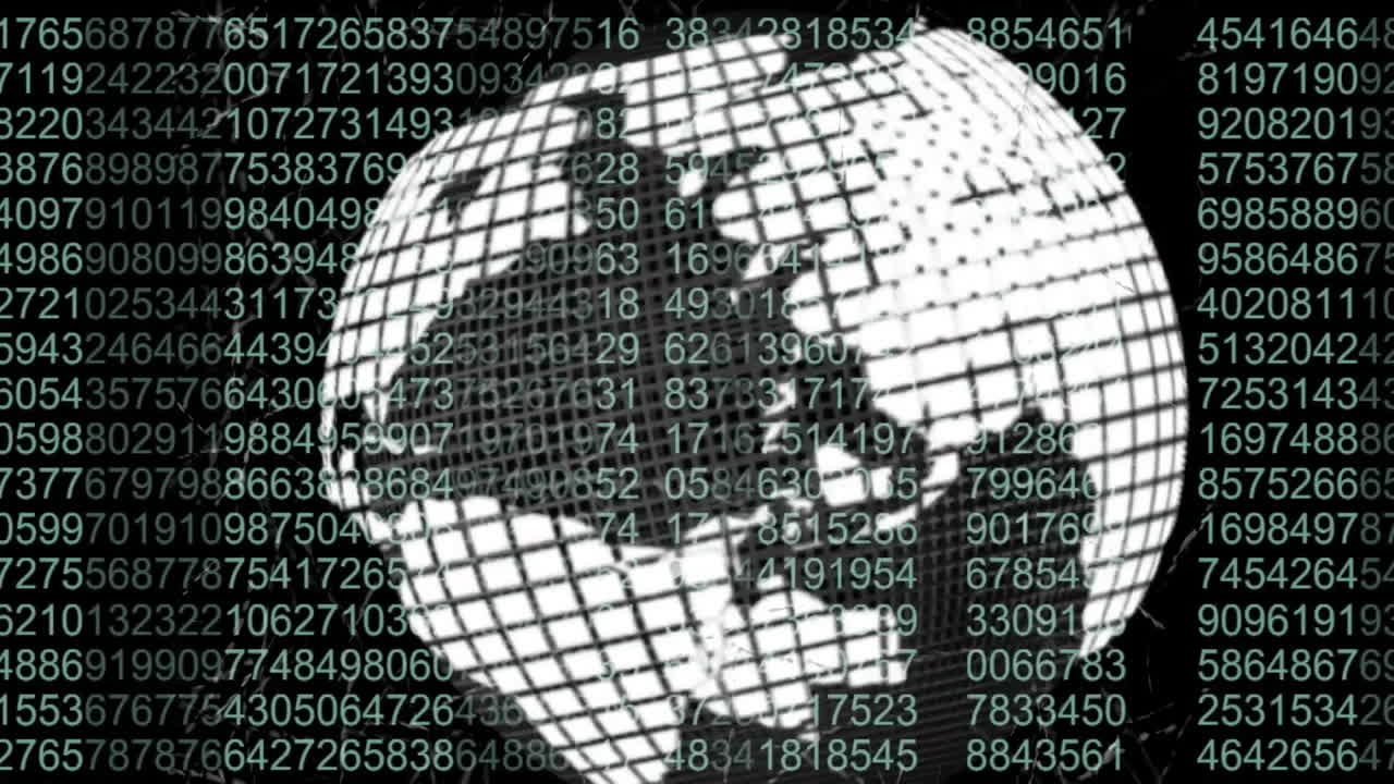 Rotating globe with grid lines and numbers, data visualization animation