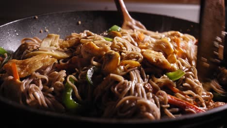 cooking japanese food, mixing soba noodles, chicken, and vegetables