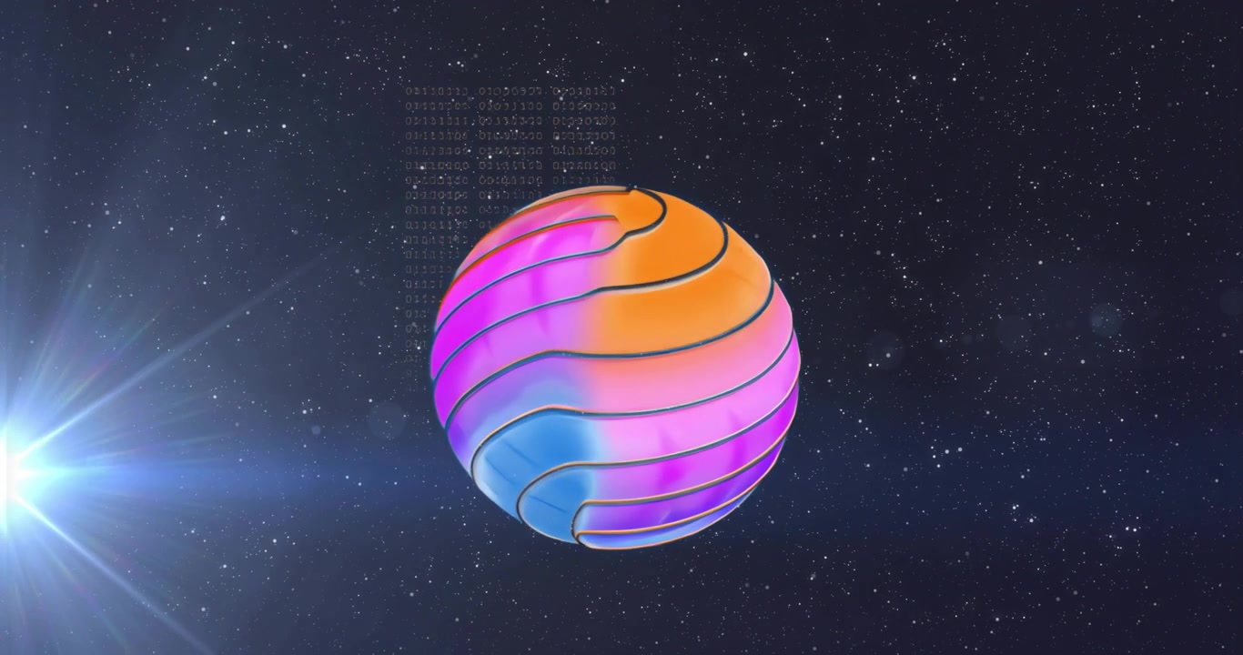 Lens flare lighting sphere rotating clockwise against starfield showcasing hues with binary code