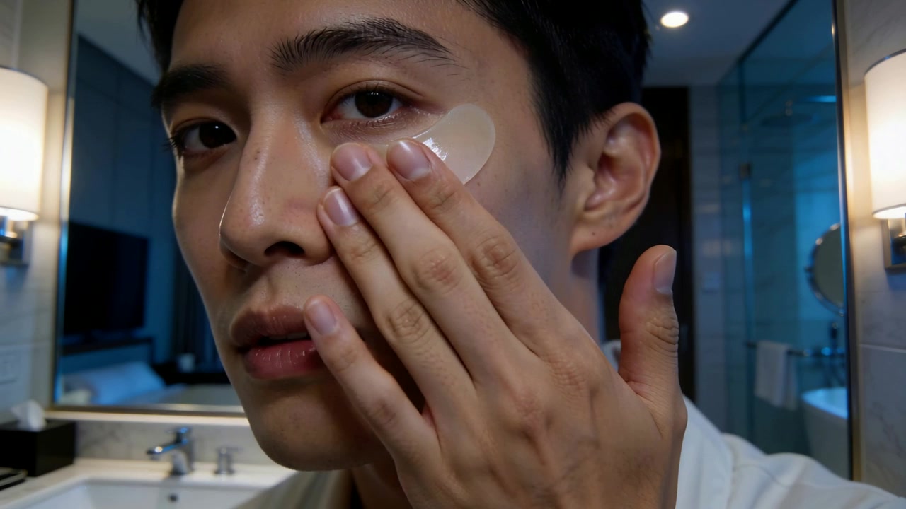 Checking mirror, Asian man placing and smoothing under-eye patch at sink wearing light robe