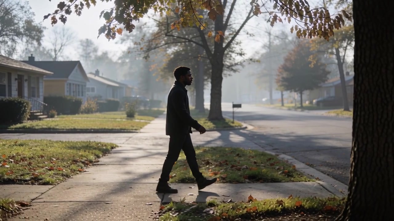 Walking man wearing dark jacket boots under morning haze crossing suburban sidewalk past mailbox