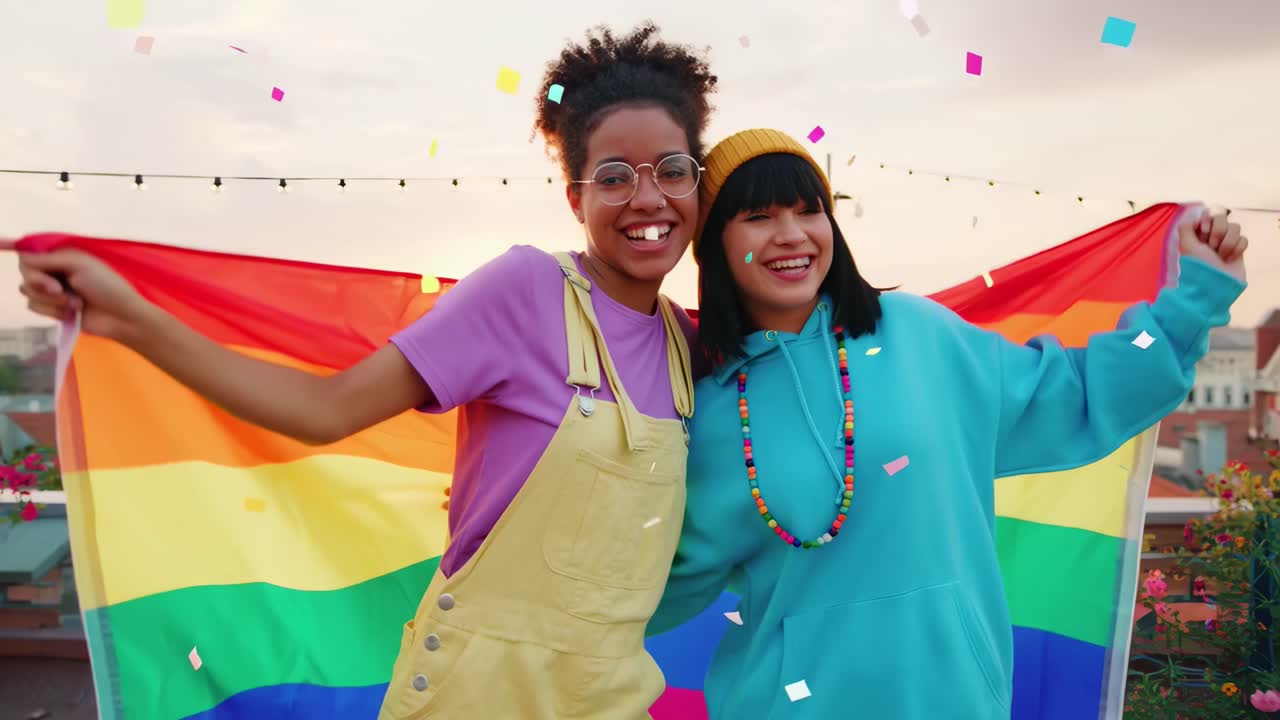 Joyful video scene of friends celebrating with a rainbow flag, captured from a front angle
