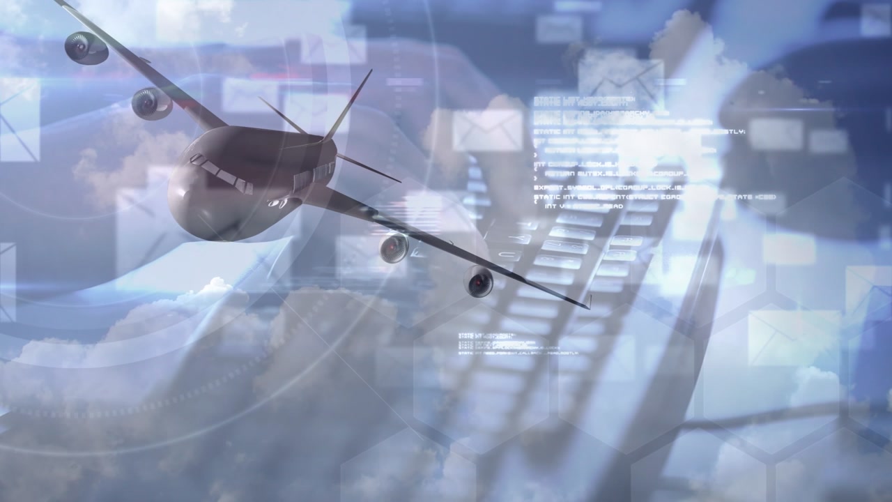 Animation of emails and plane over hands of man typing on keyboard