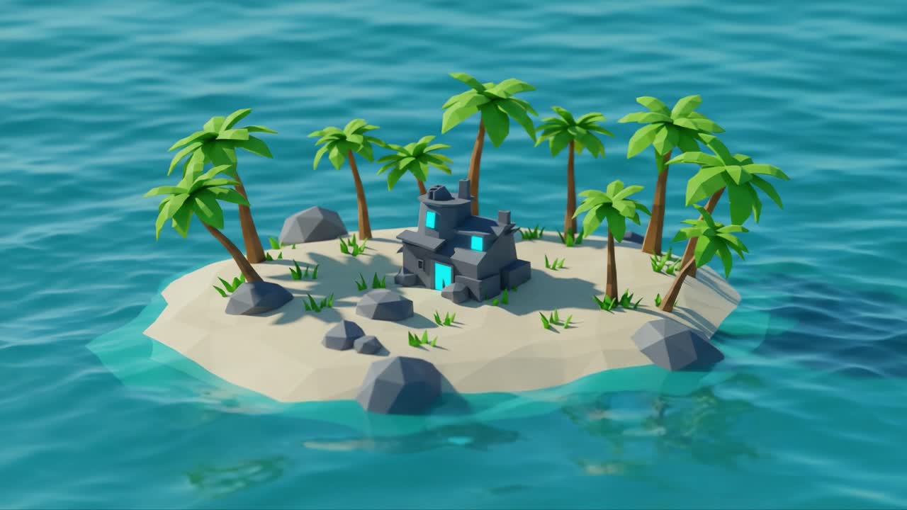 A Serene Tropical Island Paradise Featuring Lush Palm Trees and a Mysterious Stone Structure Emanating a Captivating Blue Glow in a Crystal Clear Ocean Setting