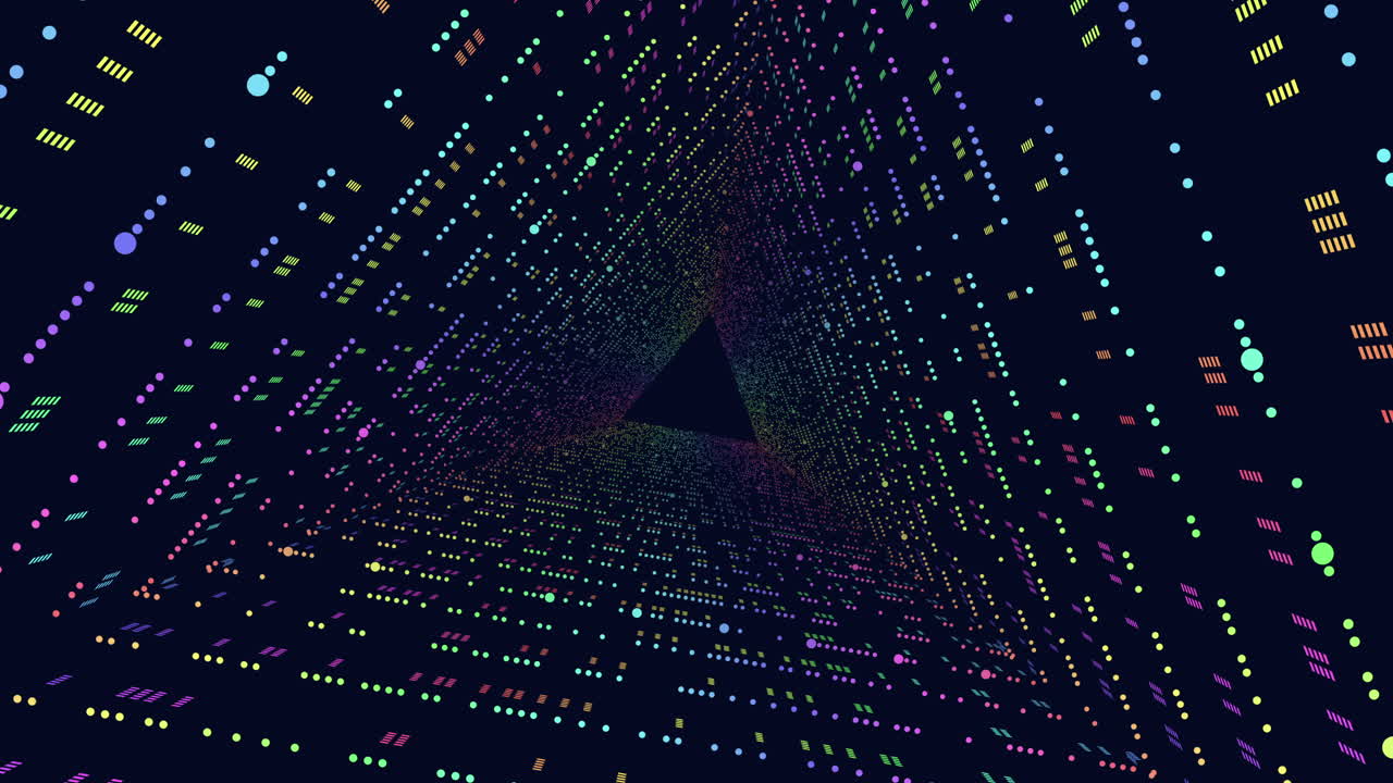 A digital artwork composed of colorful pixels forming a triangular shape, artfully arranged to convey depth and motion, creating a visually captivating experience