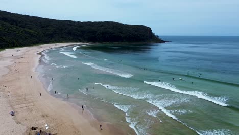 drone aerial beach people at beach headland bushland coastline waves rural town holiday durras north batemans bay travel tourism south coast australia