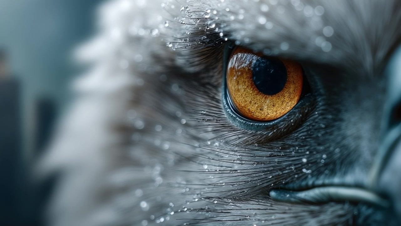 Extreme macro close up of a predatory bird eye with sharp golden iris and grey feathers