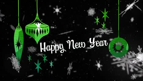 Animation-of-happy-new-year-text,-christmas-tree-decorations-and-snow-falling-over-black-background