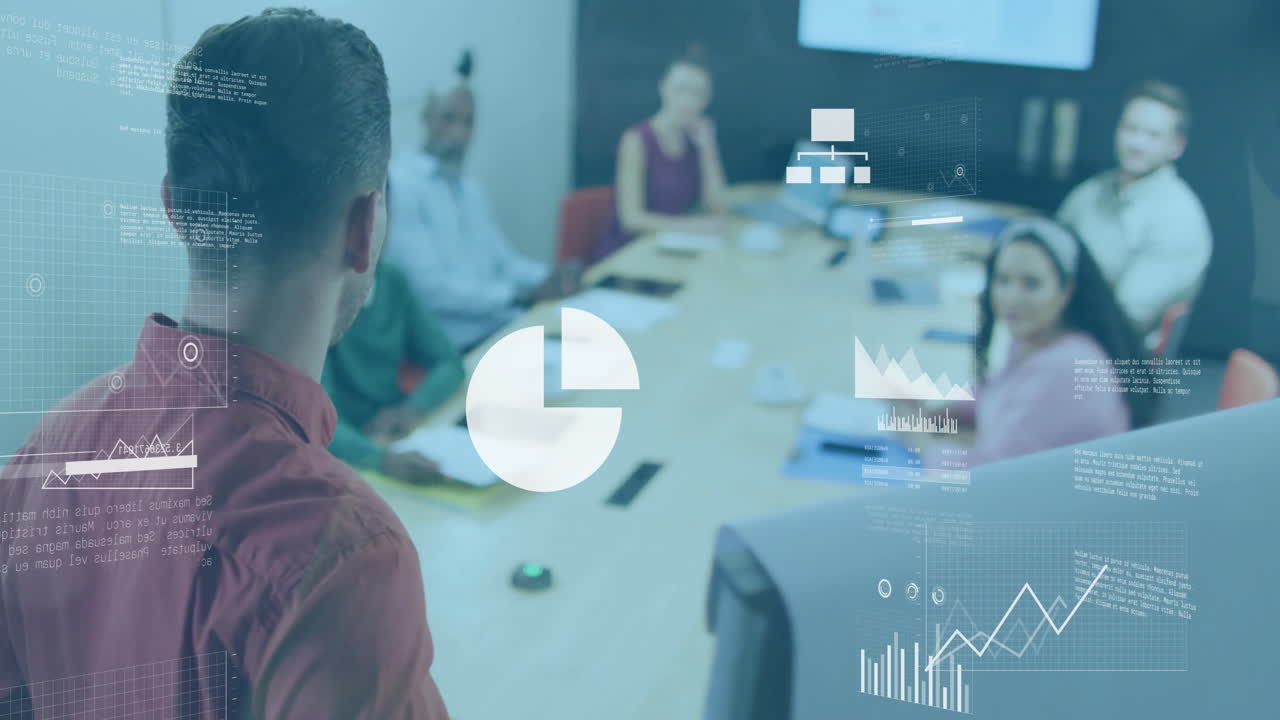 Animation of charts processing data over caucasian casual businessman presenting at office meeting