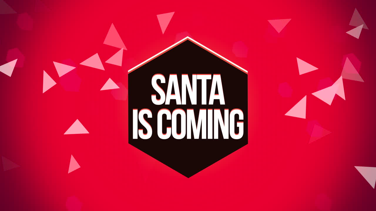 santa está llegando en el marco con la caída abstractos copos de nieve en el gradiente rojo