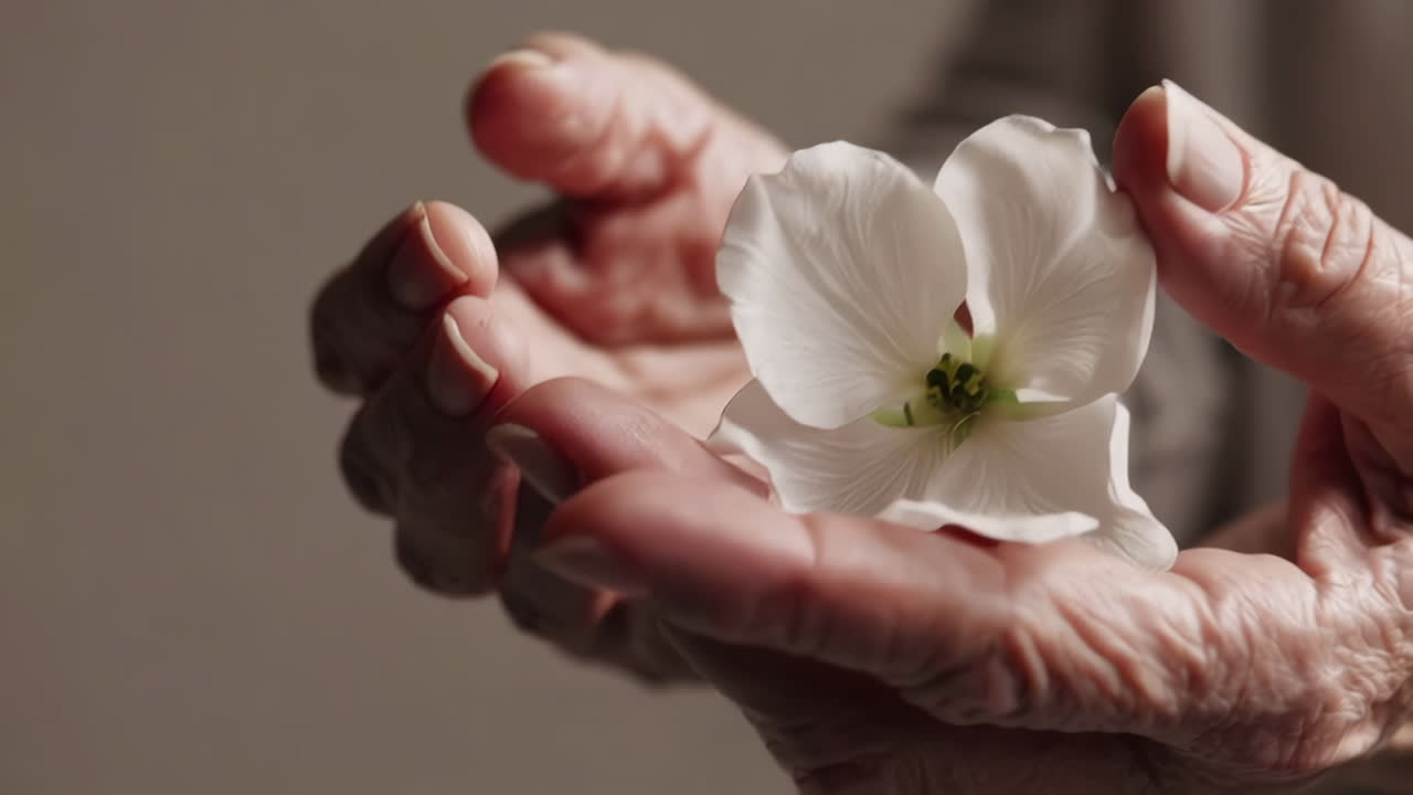 Mani anziane che tengono delicatamente un delicato fiore bianco