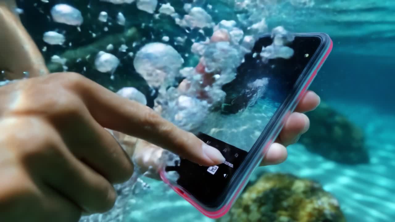 Capturing Moments: A Close-Up of a Hand Using a Smartphone Underwater, Showcasing the Reflection of Light and Bubbles for a Unique Photography Experience