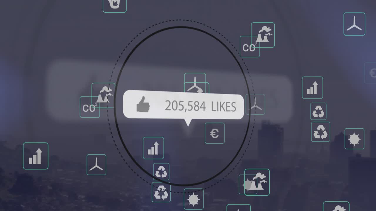 animación de iconos similares con números crecientes e iconos digitales contra una vista aérea del paisaje urbano