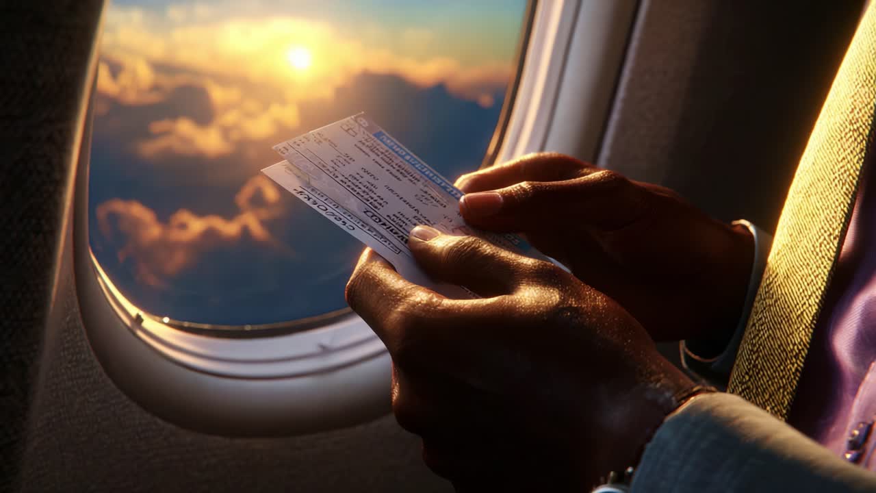 Passengers Enthralled by the Dazzling View from Their Airplane Window, Clutching Their Boarding Passes While Flying Above the Clouds as the Sun Sets in a Beautiful Display of Color and Serenity