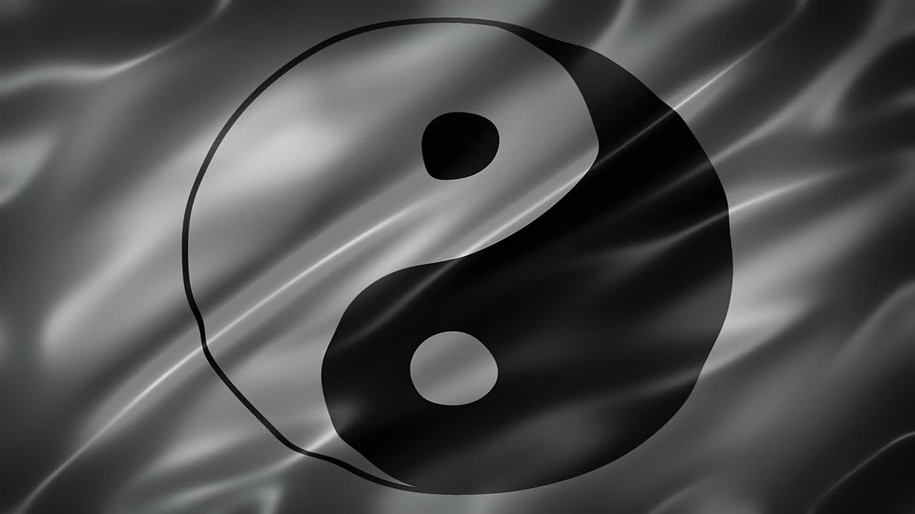 bandera yin y yang, símbolo de tai chi sobre fondo blanco, vista delantera, elegante textura sedosa, aspecto y sensación de película, animación realista de 4k cg, elegante, movimiento lento revoloteando, sin problemas de bucle